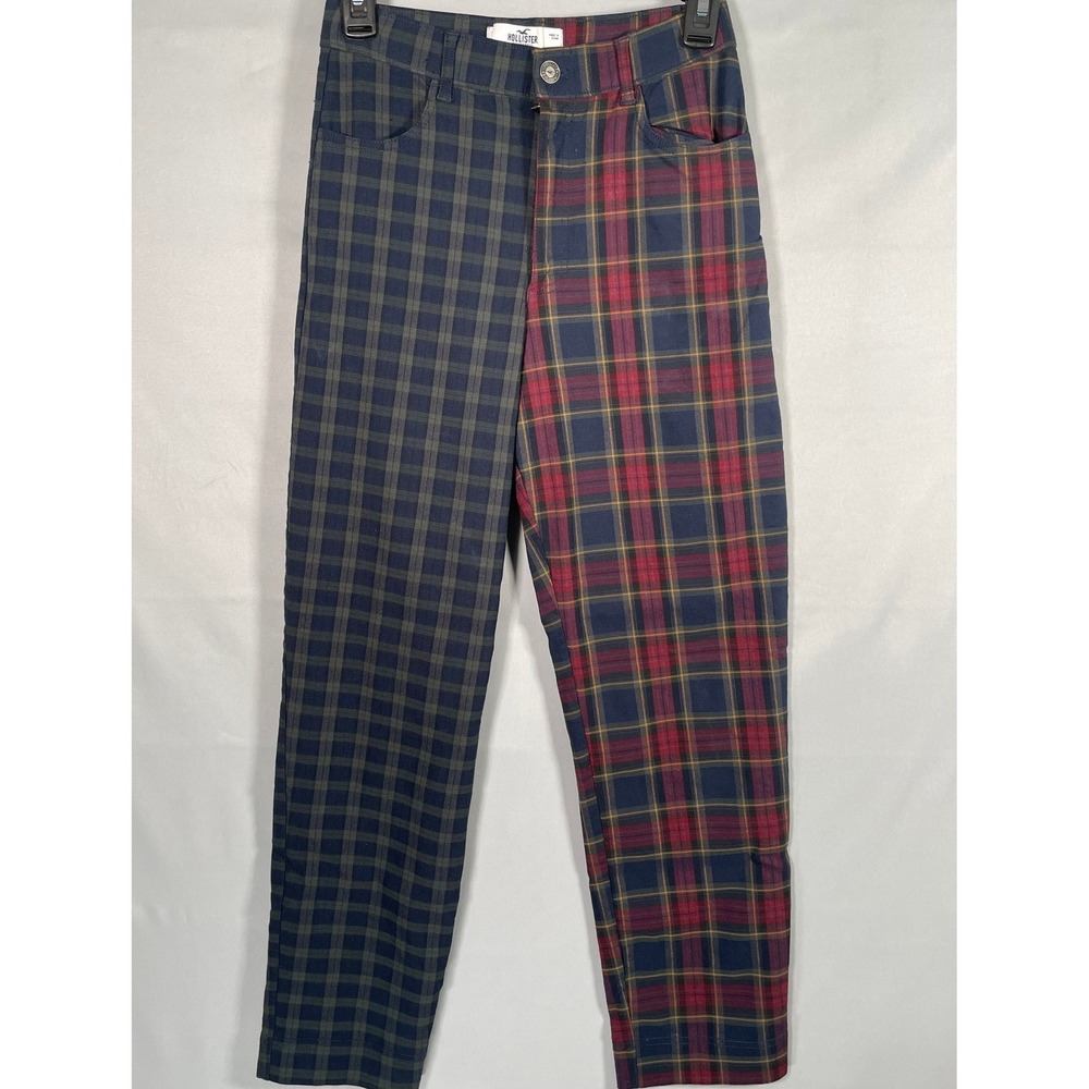 Hollister Ultra High Rise Split‎ Leg Plaid Pants Navy Red Green 25x26.5 356F2433